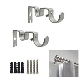 Shonmogar Double Curtain Rod Bracket 2 Pack Metal Curtain Rod Holders for Wall Sturdy Curtain Bracket for 1 Inch Curtain Rod Silver Wall Mounted Curtain Rod Hooks for Bedroom Living Room Patio