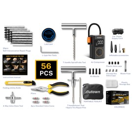 AUTOWN Flat Tire Repair Kit with Air Compressor 54 Pieces for Car, Motorcycle, ATV, Jeep, Truck, Tractor Flat Tire Repair (54PCS)