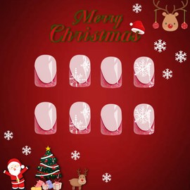 French Tip Press on Nails Short Square Fake Nails Christmas Glue on Nails with Snowflake Designs Glossy Stick on Nails Xmas Acrylic Nails Winter False Nails for Women Girls 24Pcs