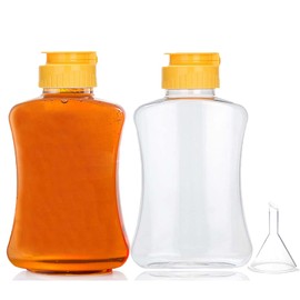 2 Pack Plastic Honey Bottles with Funnel, 180ml Squeeze Honey Jars Leakproof Honey Dispenser No Drip with Flip Lid Condiment Container for Ketchup Mustard Dressing Sauce Syrup Oil Epoxy, BPA Free