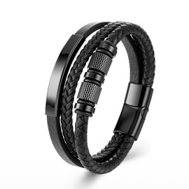 Men's Leather Bracelet – Stainless Steel Magnetic Clasp Bracelet – Braided Leather Bracelet – Bracelets for Men as a Gift for Birthday, Valentine's Day, Christmas or Father's Day, Black, 23 cm