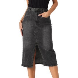 Allegra K Midi Denim Skirt for Women's High Waist Slit Front with Pockets Jean Skirts Dark Gray M
