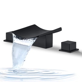 BANGPU Waterfall Bathroom Faucet 3 Holes Sink Faucet Widespread 8 Inch Bathroom Vanity Sink Faucet 2 Handles Brass Basin Faucet Mixer Taps with Supply Hoses, Matte Black