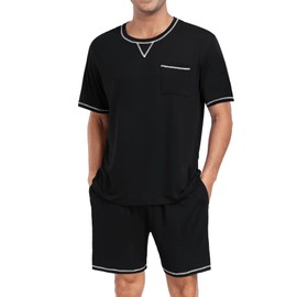 DIKFA Men Modal Pajamas Set Comfy Sleepwear Short Sleeve Pjs Set Soft 2 Piece Lounge Set Cozy Nightwear with Pockets Black