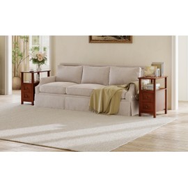 ChooChoo End Tables Living Room Set of 2, 3-Tier Narrow Nightstand with with 2 Drawers, Slim Bedside Tables for Living Room, Bedroom, Small Space, Cherry Brown