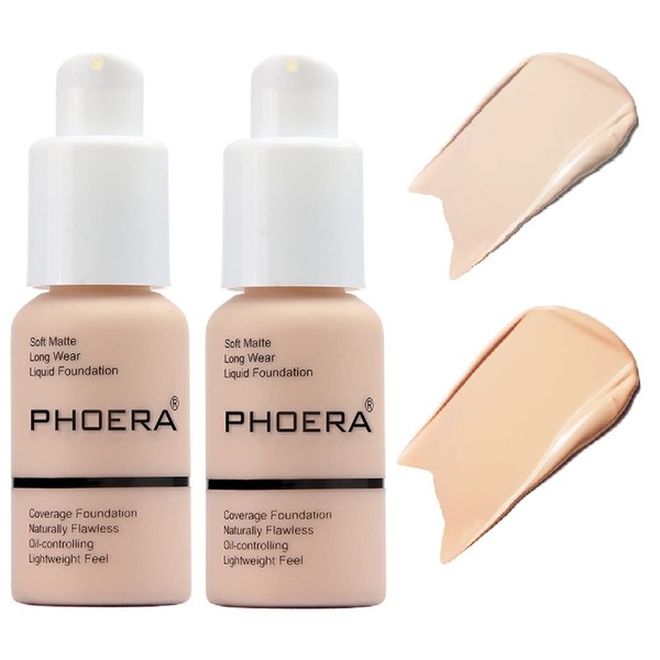 2 Pack PHOERA Foundation,Flawless Soft Matte Liquid Foundation 24 HR Oil Control Concealer Foundation Makeup,Full Coverage Foundation for Women and Girls((101 Porcelain+102 Nude)
