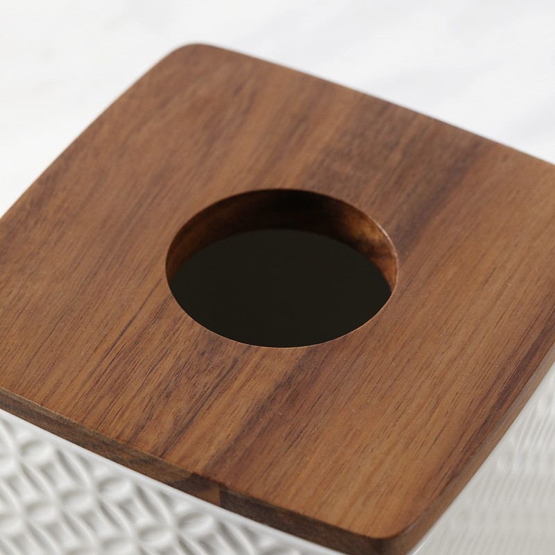 Motifeur Bathroom Accessories - Ceramic Tissue Holder with Wooden Lid,