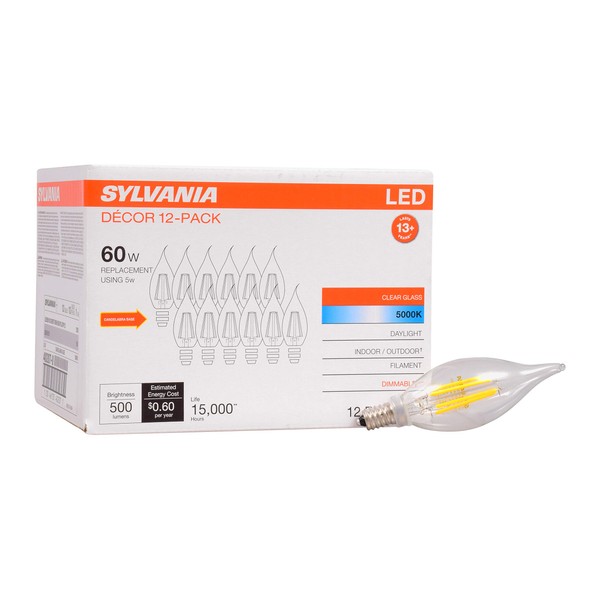 SYLVANIA LED B10 Chandelier Light Bulb, 60W Equivalent Efficient 5W, Dimmable, Candelabra Base, Clear, 5000K, Daylight - 12 Pack (40207)