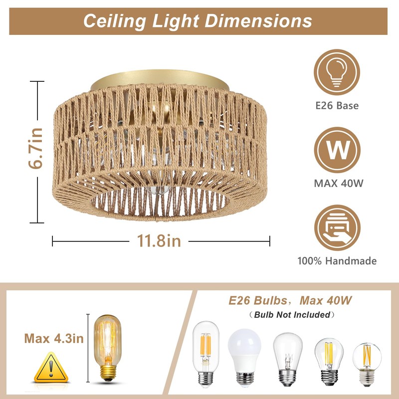 PAUFUL Boho Light Fixtures, 3-Light Farmhouse Rattan Ceiling Light, Flush