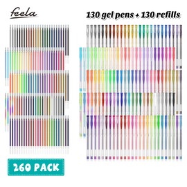 feela Gel Pens Set, 260 Pack 130 Colored Gel Pens Plus 130 Refills for Adult Coloring Books Drawing Kid Doodling Writing Sketching Highlighter Art Markers