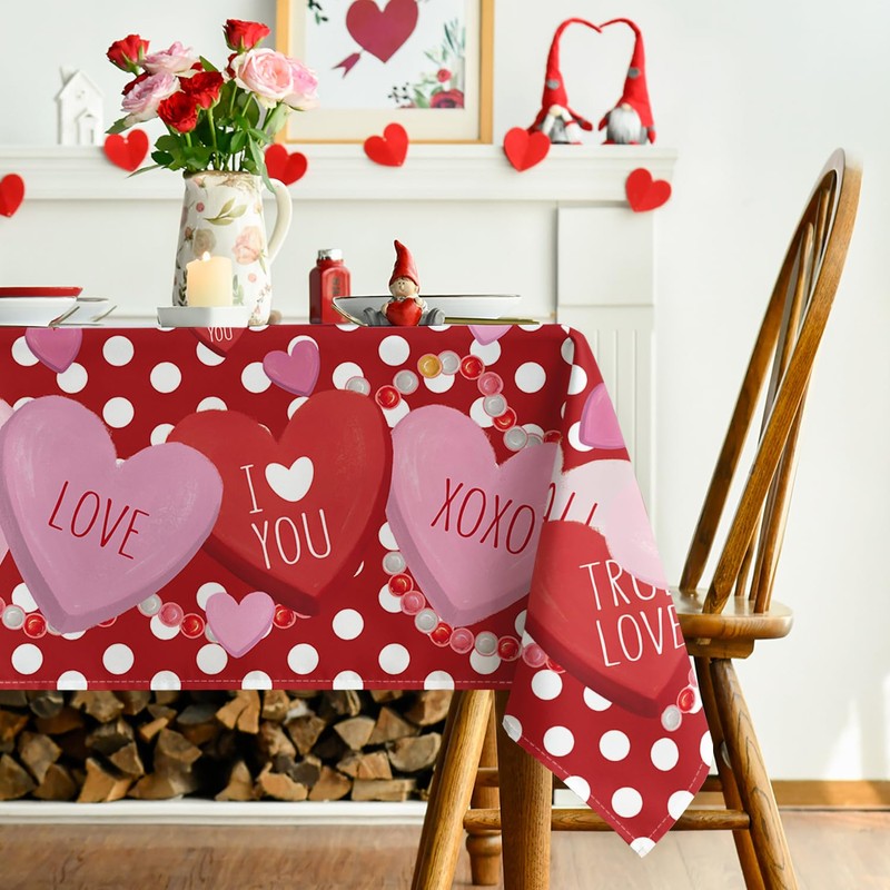 Horaldaily Valentine Tablecloth 60×104 Inch Rectangular, Candy Love Hearts Dots