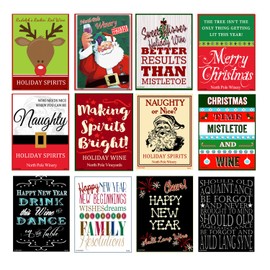 Set of 12 Holiday, Christmas and New Years Wine Bottle Labels - 5 Inch X 4 Inch