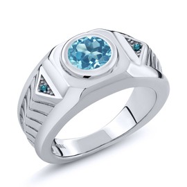 Gem Stone King Men's 925 Sterling Silver Gemstone Birthstone and Blue Diamond Ring For Men | Round 8MM | Available in Size 7, 8, 9, 10, 11, 12, 13