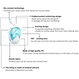 Jogoo Snorkel Mask GoPro Mount Full Face 180° Panoramic View Diving Mask Set Phone Bag - L/XL, Aqua