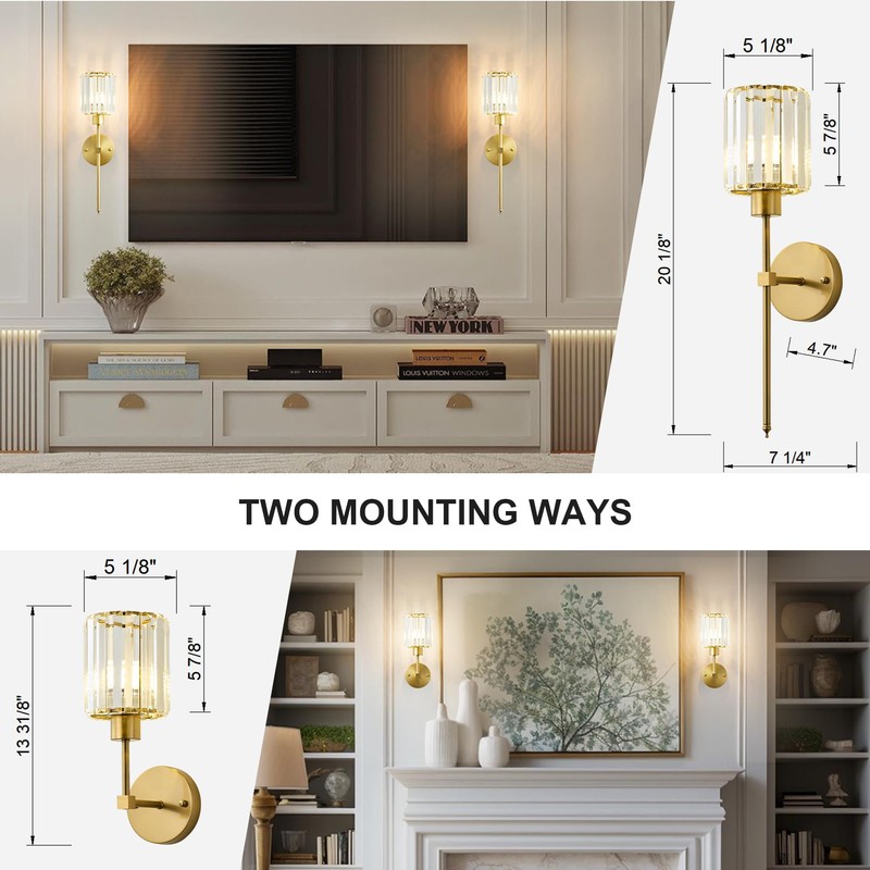 KARTOOSH Hardwired Crystal Wall Sconces Set of Two - Dimmable
