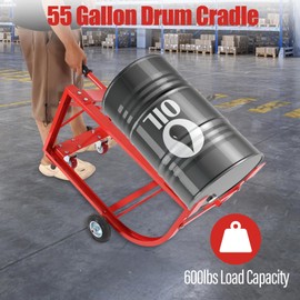 CUBELLIN 55 Gallon Drum Cradle 600lbs Capacity Oil Drum Rack with Retractable Drawbar and Wheels Steel Drum Handling Cradle for Round Drums