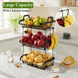 OKZEST 3-Tier Fruit Basket for Kitchen Counter with 2 Banana Hangers, Countertop Organizer Fruit Bowls, Fruit Storage Basket Stand with Handle for Storage Potato Onion Bread Snack Fruit Veggie