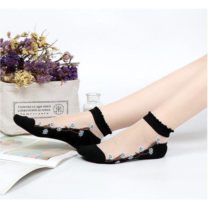 [Feiyda] 靴下 レディース 透明 花柄 ソックス 薄手 春夏用 綿底 通気性