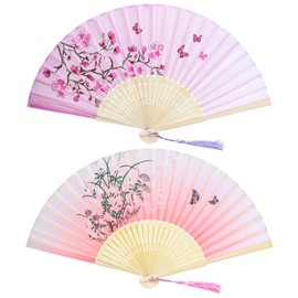 Bantoye 2 Pieces Handheld Fans Silk Folding with Frames for Dancing Cosplay Wedding Party Props Decoration, Purple Pink, Floral