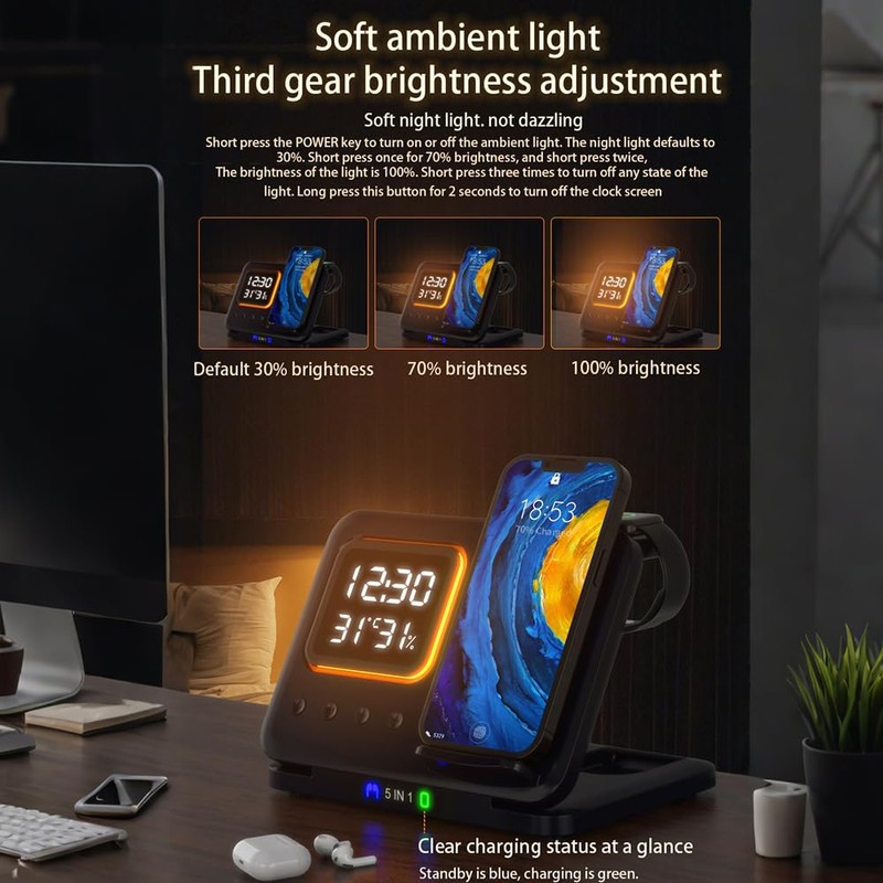 IHAO 5in1 Multi Functional Wireless Charging Station with Digital Clock