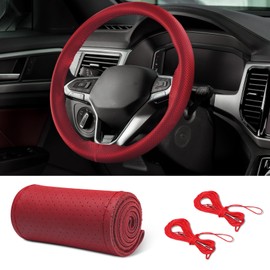 HEVLE Leather Steering Wheel Cover Lace Up, Car Wheel Cover, Universal Car Steering Wheel Protector with Needle Thread, 15 inch Steering Wheel Wrap Car Interior Accessories for Car Truck (Red, Hole)