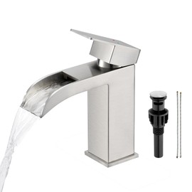 Faustina Wide Open Spout Waterfall Bathroom Faucet Single Handle,Single Hole Bathroom Faucet Brushed Nickel Stainless Steel Utility Sink Faucet Bathroom Vanity Basin Tap(Pop Up Drain/Supply Line)