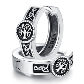 Black Viking Hoop Earrings for Men Women Huggie Hollow Carved Rune Earrings with Tree of Life 925 Sterling Silver Jewelry Gift for Him