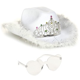 Funcredible White Cowboy Hat and Glasses - Preppy Cowgirl Hat with Tiara - Cowboy Hats with Feathers - Cowgirl Outfit Accessories for Women and Girls