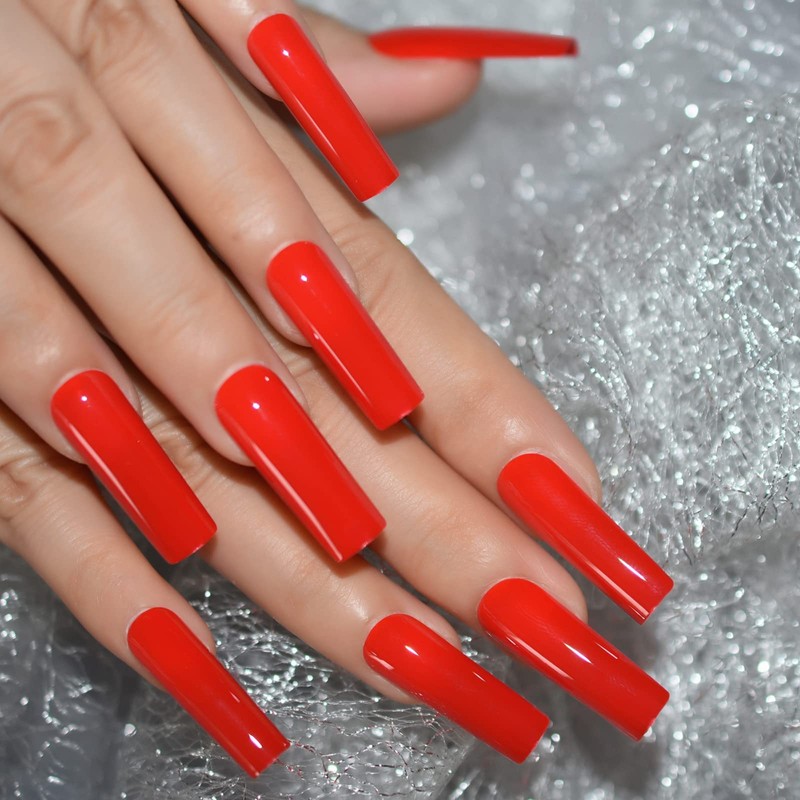 Bright Red Solid Color Press On Nails Extra Long Square
