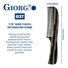 Giorgio G37 Large Coarse Detangler Comb, Wide Teeth for Thick, Curly, or Wavy Hair – For Wet and Dry Use, Handmade Rake Saw-Cut from Polished Cellulose (Black Graphite)