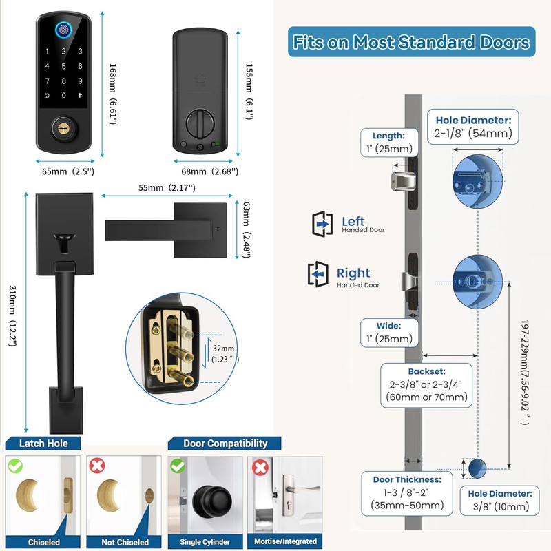 Keyless Entry Door Deadbolt with Handle Set, BEBASIA Fingerprint APP