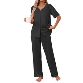 Famulily Lounge Wear Set for Women UK Crew Neck with Pintuck Tops Elastic Waist Long Pants 2 Pcs Matching Sets Black XL