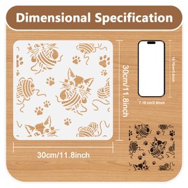 Cute Kitten Allover Stencil for Painting on Wall 30 x 30cm Reusable Plastic Cat Playing with Ball of Wool Craft Stencil for Painting on Wood Fabric