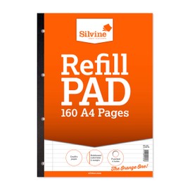 Silvine 160 Page A4 Refill Pad, Side Bound and Punched 4 Holes. Ruled 8mm Feint with Margin. Ref A4SRPFM, Single, White
