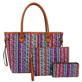 HWS 3PC Serape Leopard Tote Cheetah Aztec Diaper Bag Purse Wallet Pouch Purple Jp