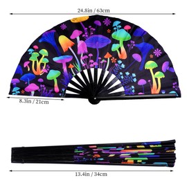 Nydotd UV Glow Rave Fan Large Handheld Folding 13 Inch Bamboo Festival Clack Foldable Dance Hand Fan with Mushrooms Pattern UV Glow Edm Fans for Men and Women Rave Outfits Performance Party