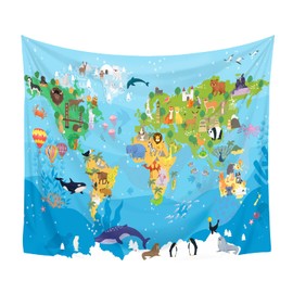 Animals World Map Tapestry Wall Hanging, World Map With Wild Animals And Birds Tapestries for Bedroom For Children Kids Home Decor Multi Color