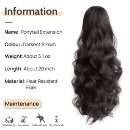 Fake Ponytail,StrRid Ponytail Extension 20"Wavy Hair Extensions Ponytail Wrap Around Synthetic Fake Hair Clip in Ponytail Wig Daily Curly Pony Tail Hair Pieces for Women 6 oz-Darkest Brown