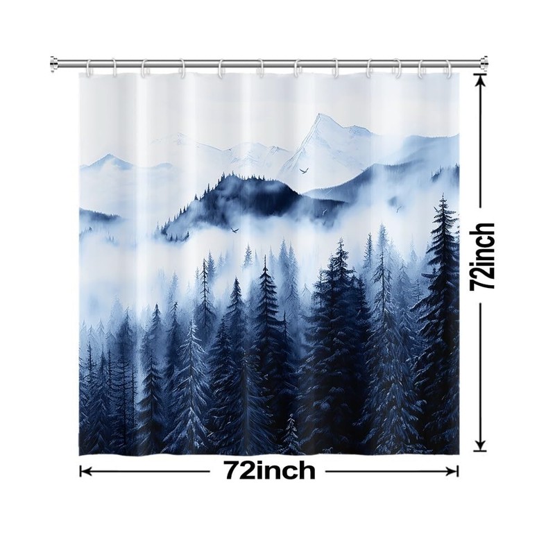 Ruelvth Mountain Shower Curtain, Navy Blue Misty Forest Shower Curtain