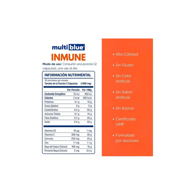 Multivitamínico Multiblue Sin Sabor 60 Cápsulas con Vitamina C Zinc