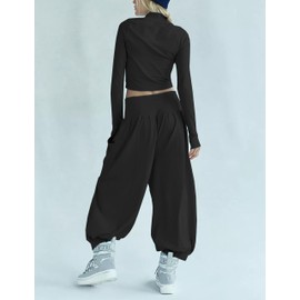 Megfie Womens Lounge Sets Long Sleeve Cropped Tops Wide Leg Sweatpants Tracksuit with Pockets Two Pieces Outfits(0843-Black-M)