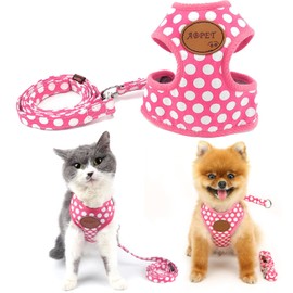 SMALLLEE_LUCKY_STORE New Soft Mesh Nylon Vest Polka Dot Pet Cat Small Medium Dog Harness Dog Leash Set Leads Pink L