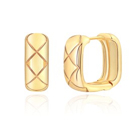 Weviway Square Chunky Hoop Earrings, 14K Gold Plated, Quilted Pattern, Lightweight, Gold Jewellery