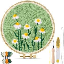 Punch Needle Kit, Daisy Punch Embroidery Kits for Adults Beginner, Tool with Punch Needle Fabric, Hoops, Yarns and Sewing Needles