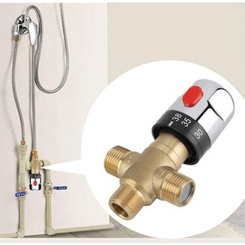 Thermostatic Mixing Valve Solid Brass G1/2 for Shower System Water Temperature Control Pipe Basin Thermostat Control for Bathroom Washroom Kitchen Shower System
