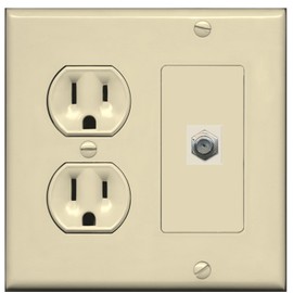 RiteAV (2 Gang Decorative) 15 Amp Round Power Outlet Coax Cable TV Wall Plate - Ivory