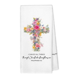 XBBMGG Christian Religious Kitchen Towels, Scripture Bible Verse Gifts for Women Dish Hand Tea Towels, Cross Floral I Can Do All Things Through Christ Decorative Towel for Bathroom Kitchen, 16x24inch