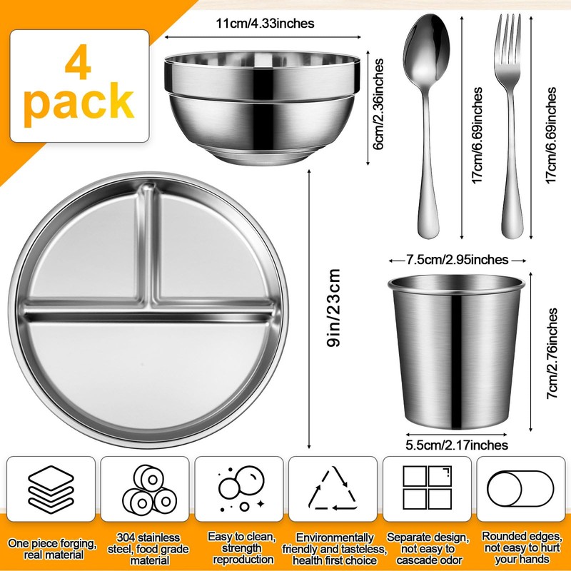 Potchen 20 Pcs 304 Stainless Steel Plates and Bowls Sets