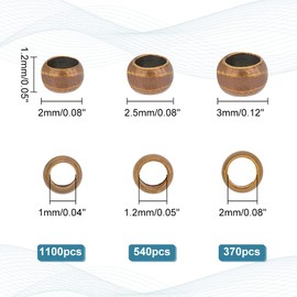 PandaHall about 2010pcs Crimping Beads Brass Spacer Beads 3 Sizes Antique Bronze Beads Crimp Beads Brass Beads for Jewellery Making, Hole 1~2 mm