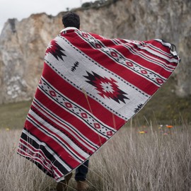 HORIMOTE HOME Aztec Soft Sherpa Throw Blanket Southwestern Navajo Tribal Style Warm Throw for Camping, Outdoor, Lightweight Cozy Boho Blanket for Couch, Bed, 127x152cm, Red